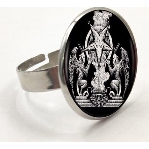 Fashion Baphomet Pentagram ring Vintage Silver Color in Jewelry Classic Glass Cabochon ring