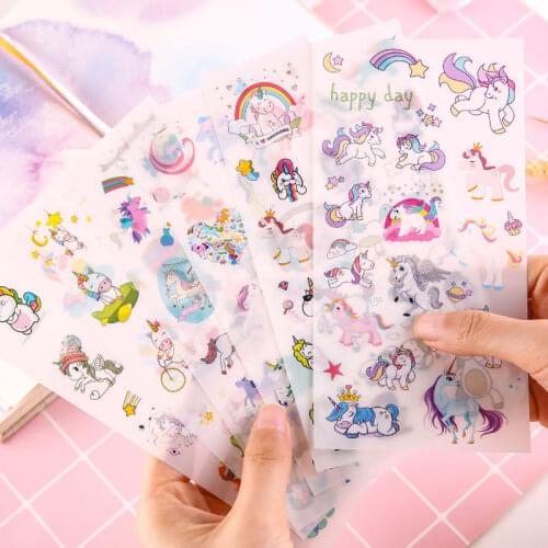6 Sheets Fashion Cartoon Unicorn Stickers for Girls Boys Children Notebook PVC Stickers DIY Decoration Toy Gifts for Kids