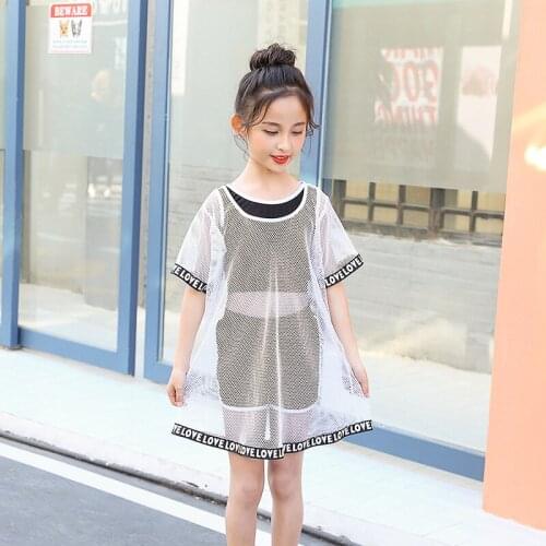 New childrens mesh three-piece childrens swimsuit Korean version of split Boxer conservative girls' swimsuit