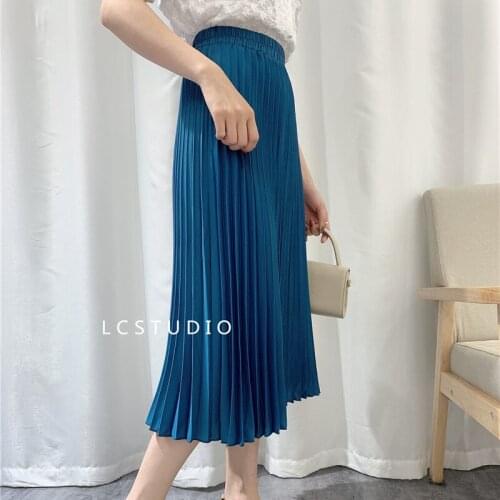 Fall Solid Elegant Pleated Skirts Women 2021 New Elastic Waist All Match Long Jupe Skirt Office Lady Vintage Sweet Faldas Mujer
