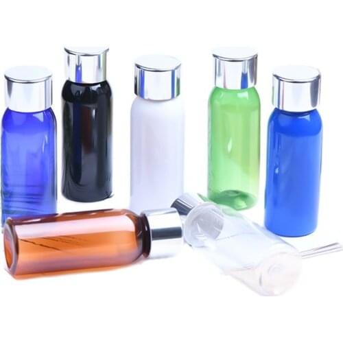 30ml Round Shoulder Plastic PET Bottle With Silver Aluminum Lid Serum Toner Essence Emulsion Removal Oil Skin Care Packing