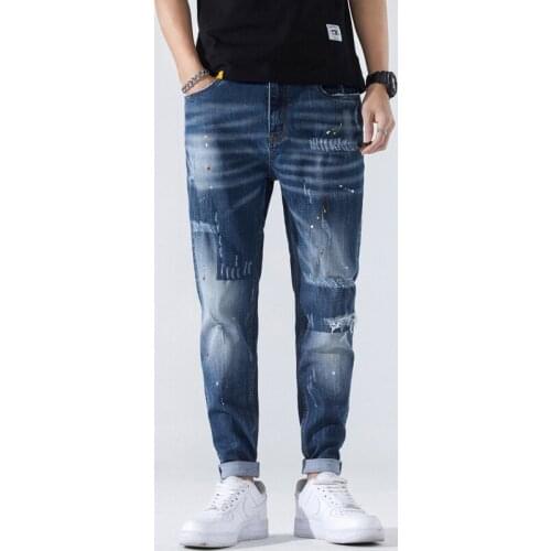Ripped Jeans Men Slim Fit Dark Blue Stretch Destroyed Hip Hop Patchwork Beggar Pants Denim Trousers Torn Frayed Motocycle Jeans
