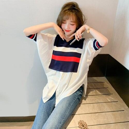 Leisure knitting different material stitching arc stripe garments loose choli female new summer