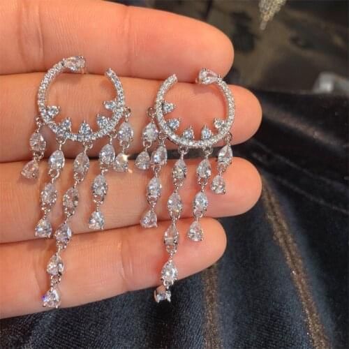 Party Long Earrings 2021 Trend Circle Silver Color Female Temperament Tassel Water Drop Crystal Cubic Zircon Jewelry Accessories