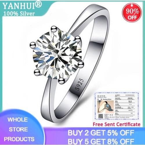 YANHUI Classic Six Claw 1 Carat 6mm Zircon Wedding Rings For Women Jewelry 925 Silver Engagement Rings Female Anel Bijoux Gift