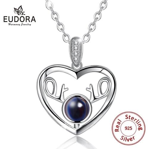 EUDORA 925 Sterling Silver I love You Cute elk Heart love Pendant Necklace AAA CZ fine Jewelry for Women girlfriend best gifts