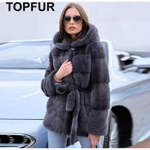 TOPFUR 2020 Winter Leather Jacket Real Fur Coat Women Natural Mink Fur Short Coats With Belt Full Sleeves Coats With Fur Hood