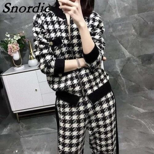 2021 Women Autumn Tracksuits Knitted Two Piece Set Houndstooth Outfits Zipper Sweater Jacket with Elastic Waist Long Pants