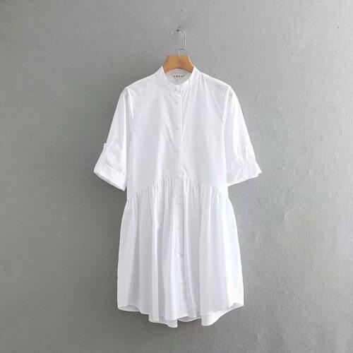 Women simply solid color stand collar white shirtdress female roll up sleeve vestidos chic autumn casual pleats dresses DS2829