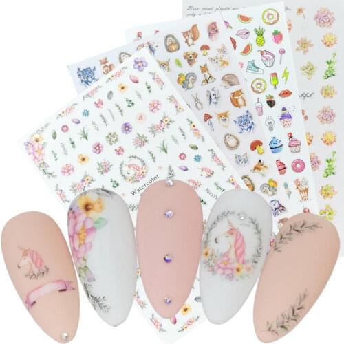 1 Sheet 2021 New 3D Nail Sticker Unicorn Flower Leaf Mushroom Animal Image Nail Art Decorations Slider For Nail Manicure