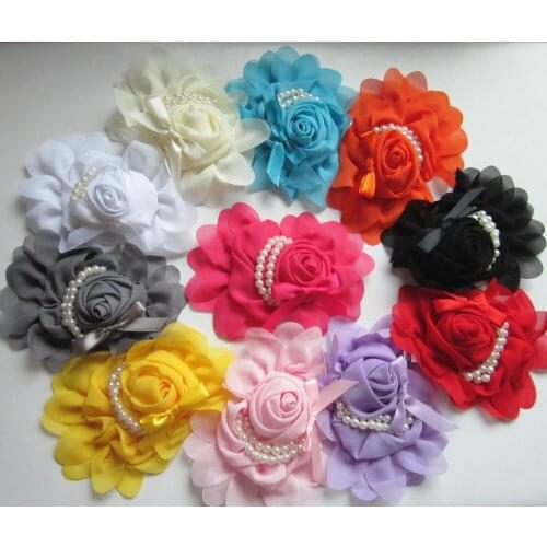 1 PC Fashion DIY Hair Accessories 5" X 4" Chiffon Rose Flower with Pearl Beads Kids Hair Flower Mini Ribbon Bows Decoration