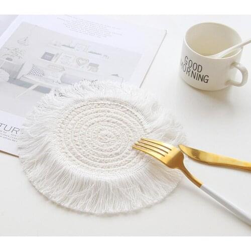 19.5cm Cup Coaster Handwoven Cotton Rope Cup Pad Nordic Style Heat Insulated Coaster With Tassels For Office Table Decoration