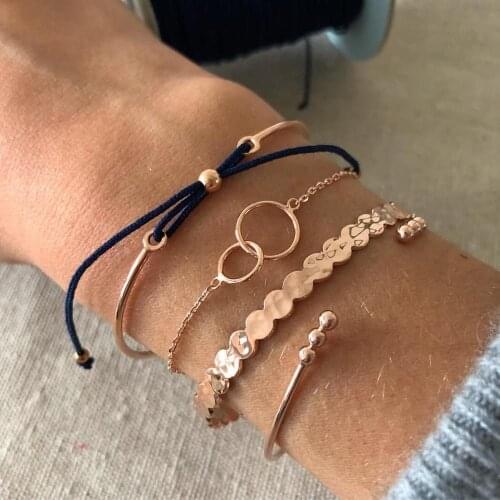 4 Pcs/set Vintage Women Bracelets Braided Rope Double Circle Pattern Open Gold Bracelet Set Female Bangle Wedding Party Jewelry