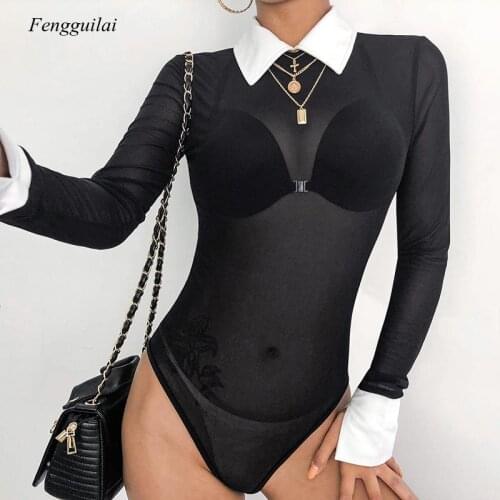 Long Sleeve Panelled Bodysuit Women Turn-Down Collar Hollow Out Femme Bodysuits Playsuit Autumn