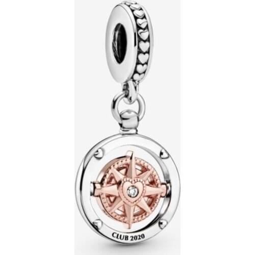 Club 2020 Compass Dangle Charm 925 Sterling Silver Rose Gold Metal Beads Fit Original Pandora Bracelet Women DIY Jewelry Making