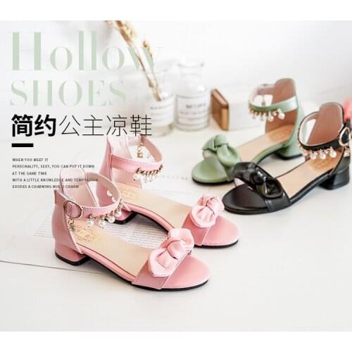 Children High Heels Sandals Little Girl Dress Beach Sandals For Kids Summer Fashion New 2021 Princess Beaded Bow Shoes 3-12 Year
