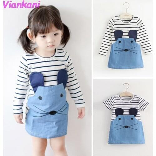 Kids Dresses for Girls Elegant Long Sleeve Princess Dress Stripe Patchwork Denim Dress 2 3 4 6 8 Years 2021 Girl Summer Clothes