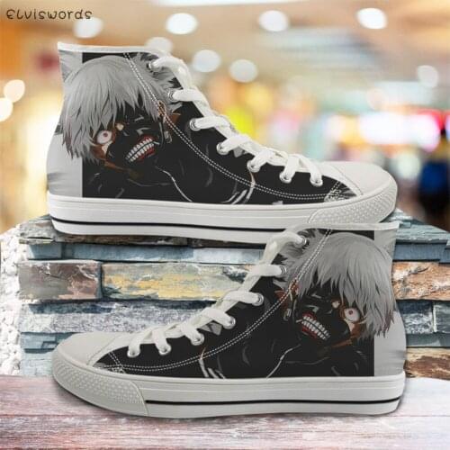 ELVISWORDS Anime Tokyo Ghoul Design Print Girl Boy Canvas Shoes Fashion High Top Vulcanized Shoes Casual Ladies Footwear Fashion