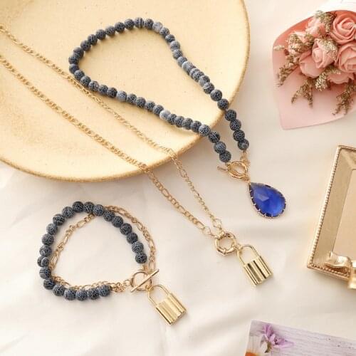3 piece set bracelet necklace set decoration natural stone lock necklace lady creative clavicle chain girl gift