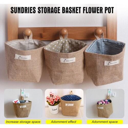 Small Sack Stripe Dot Hanging Bag Jute Cotton Linen Sundries Basket Mini Cosmetic Storage Bag Storage Basket Home Decoration
