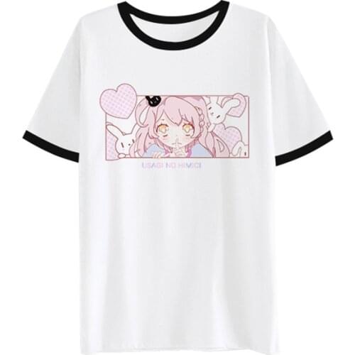 Japanese Cute Short Sleeve White Tops For Girl Soft Sister Kiss Anime Bunny Milk Silk Tees Shirt Kawaii Comic Graphic T-shirt