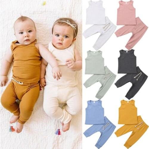 Fashion Newborn Kids Baby Boy Girl 2pcs Clothes Solid Sleeveless Cotton Tops Vest +Long Pants 2PCS Outfits Set