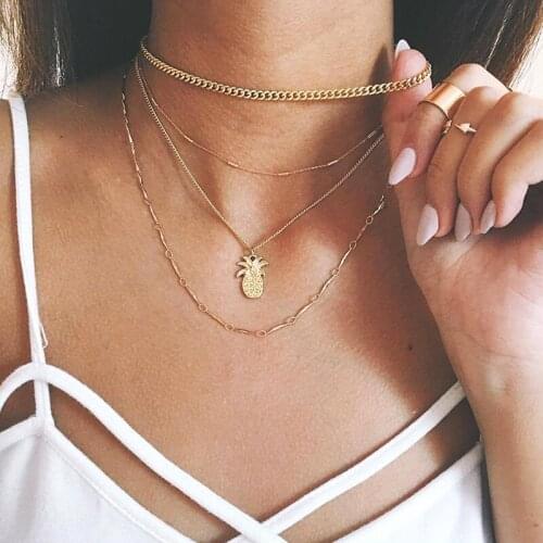 4 Pcs/Set Fashion Women Necklace Pineapple Pendant Clavicle Chain Multilayer Gold Necklace Set Girl Beach Party Jewelry