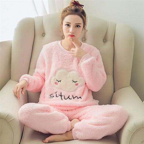 New Autumn Women Pyjamas Ladies Fashion Flannel Sleepwear Warm Velvet Suit Pyjamas Long Sleeve Top+Pants For Women 2pcs/set