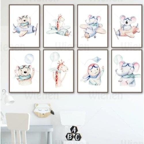 Nordic Blue Posters and Prints Cartoon Animal Elephant Giraffe Bear Koala Boy Airplane Balloon Wall Art Canvas Painting Nursery
