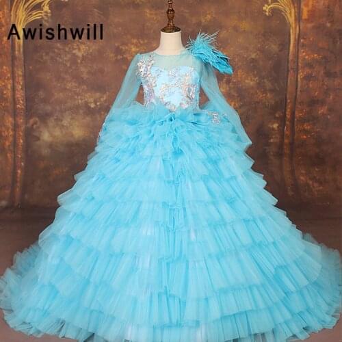Blue Flower Girl Dresses Long Sleeve Tulle Communion Dresses For Girls Ball Gown Wedding Party Dress Kids Evening Prom Dress