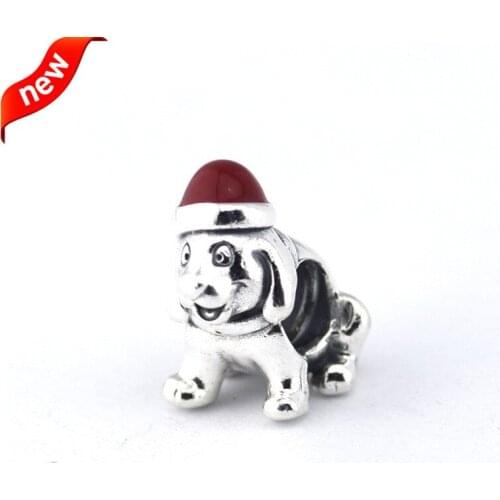 Fits For Pandora Braclets Christmas Puppy Charms with Red Enamel 100% 925 Sterling Silver Beads Free Shipping