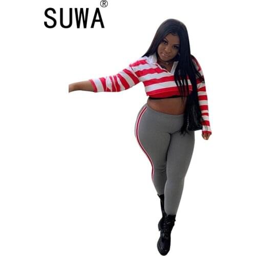 Red Striped Printed Casual Home Wear Sports Sweat Suit Women 2 Piece Pants Set Long Sleeve Crop Top Jogger Pants Trousers