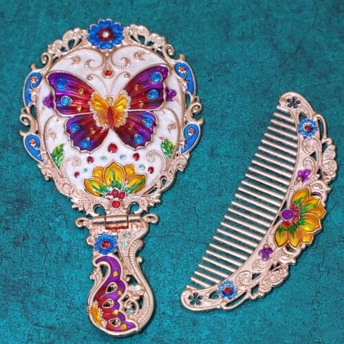 Russian Retro Cute Metal Handle Portable Mirror Comb Set Home Bedroom Dressing Table Makeup Mirror Ornaments Crafts Decoration