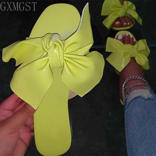 Slippers Shoes Women Summer PU Leather Ladies Bow Slides Fashion Outside Outdoor Indoor Female Shoes Summer Woman Flat Slipper