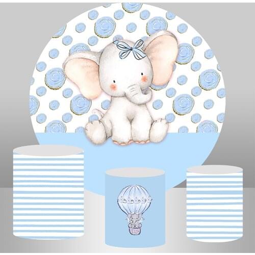 Baby Elephant Round Backdrop Cover Elastic Blue Boy Birthday Party Decoration Banner Cake Table Cover Photo Background Photocall