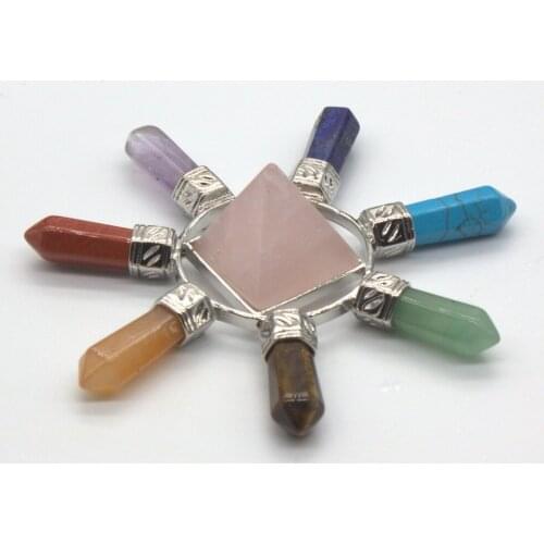 Trendy-beads Silver Plated Rose Pink Quartz Pyramid 7 Hexagon Column Stone Chakra Energy Transmitter Pendant