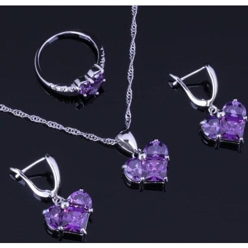 Delightful Heart Shaped Purple Cubic Zirconia Silver Plated Jewelry Sets Earrings Pendant Chain Ring V0977