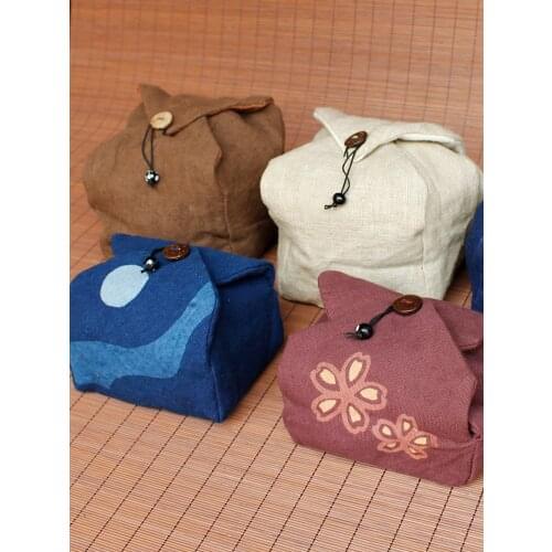 Japanese Style Grass and Wood Dyed Handmade Bamboo Linen Teacup Tea Set Buggy Bag Travel Portable Cotton Linen Bag Full