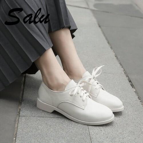 Salu 2020 Genuine leather Women Pumps Solid Wedding Shoes Sandals Slip on low Heels round Toe Square Heels Shoes Women