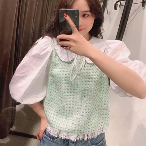 MESTTRAF Women 2021 Sweet Fashion Patchwork Tweed Blouses Vintage Peter pan Collar Frayed Hem Female Shirts Blusas Chic Tops