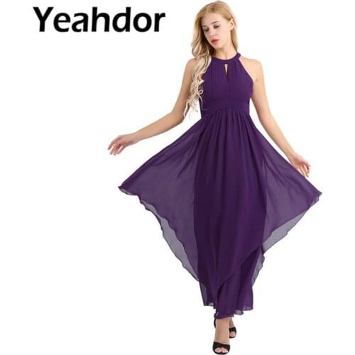 Womens Ladies Sleeveless Halter Chiffon Elegant Party Dress Pleated Party Prom Gown Bridesmaid Dress Wedding Pageant Vestidos
