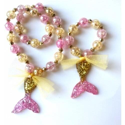 Kids Mermaid necklace gradient bead Rainbow color mermaid tail romantic children necklace bracelet set Girl fashionJewelry NL023