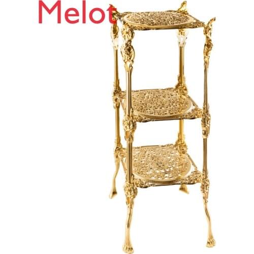 High-End Luxury Mansion Brass Hollow Carved Storage Rack Simple Fashion Home Floor Multi-Layer Golden Bookshelf Room Organizer