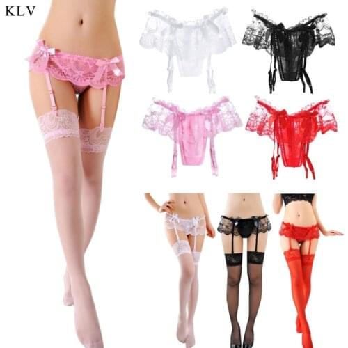 KLV 2020 New Womens Sexy Lace Solid Thin Sexy Suspender G-String Garter Belt Stockings Set Lingerie Bowknot