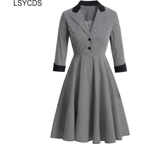 LSYCDS 2020 New Autumn Vintage Women Dresses Big Swing Pinup Houndstooth Elegant Notched Collar Female A-Line Retro Dresses
