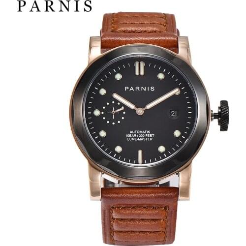 Fashion 43mm Parnis Casual Watch Men Mechanical Hand Winding Watches 3600 Movement Stainless Steel Case Rose Gold Man Wristwatch