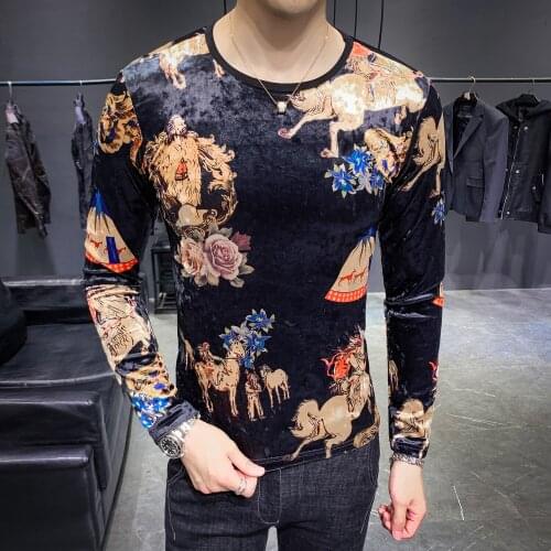 2020 Autumn New Gold Velvet Print High Collar Mens Bottoming Slim Luxury Shirt Fashion Long-sleeved Vintage T Shirts Men