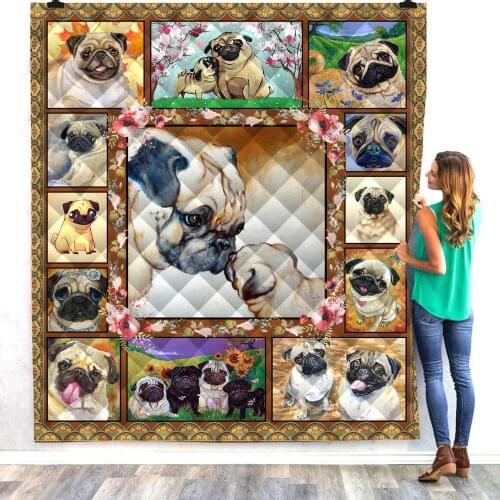Cute Dog pug Summer Quilt Blanket Mat 3D Printed Bed Sofa For Kids Adult Boy Girls Washable Gift