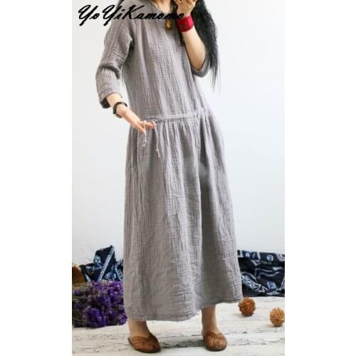 YoYiKamomo 2017 women cotton linen dress big size New original thin national elastic waist summer robe women