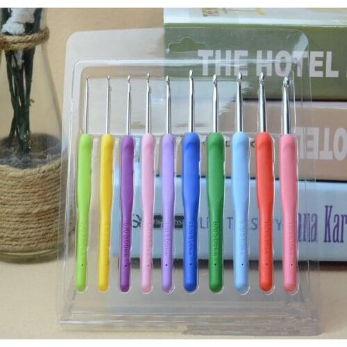 DONYAMY 10 PCS/Set Colorful Knitting Needles TPR Soft Rubber Handle Aluminum Crochet Hooks